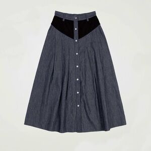 Batsheva Denim Patch Midi Skirt (Sz 10) A-Line Velveteen Blue Black